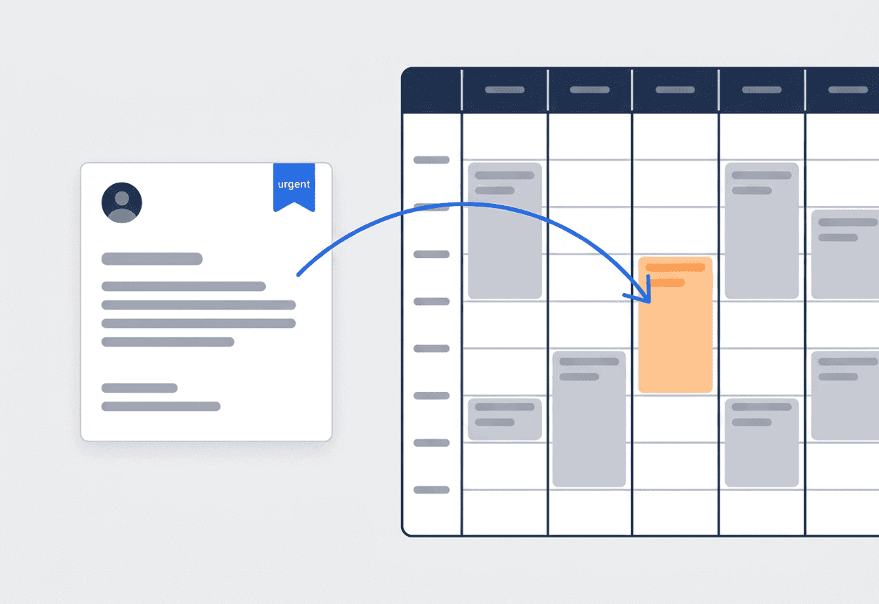 Illustrated request card with an urgent tag and an arrow dropping it onto a weekly calendar as an orange tentative block