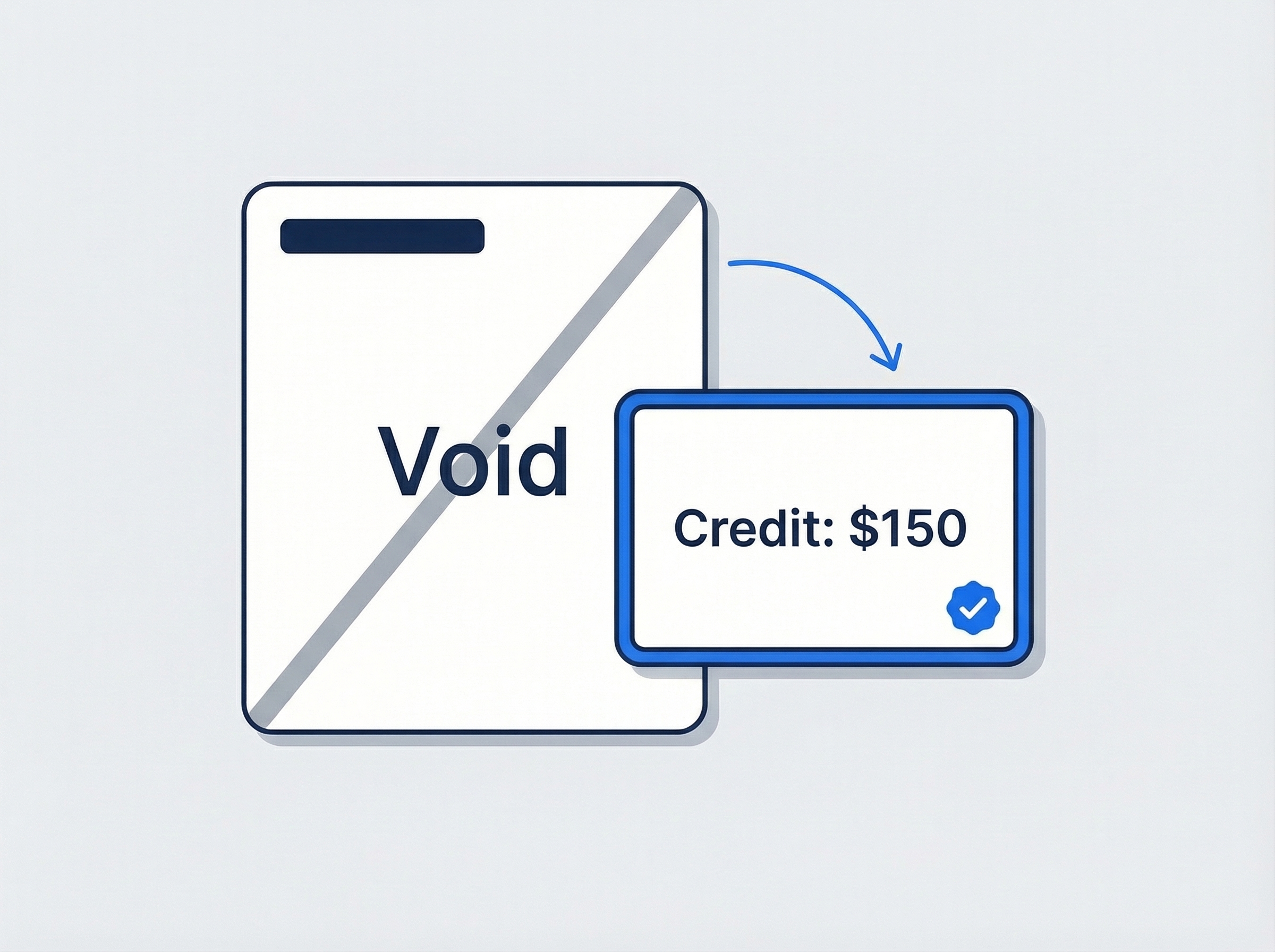 Illustrated credit and void flow with invoice card and customer credit badge