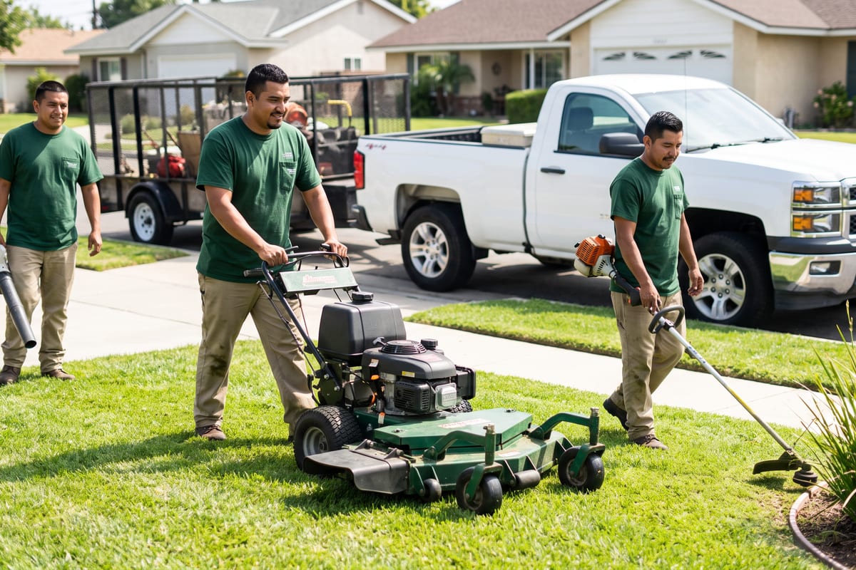 Landscape crew of three maintaining a front yard — mowing, string-trimming, and blowing — with an equipment trailer at the curb
