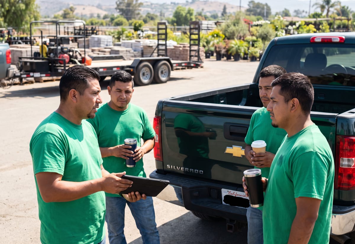 Landscape crew of four gathered at a pickup tailgate for a morning briefing, the leader holding a tablet