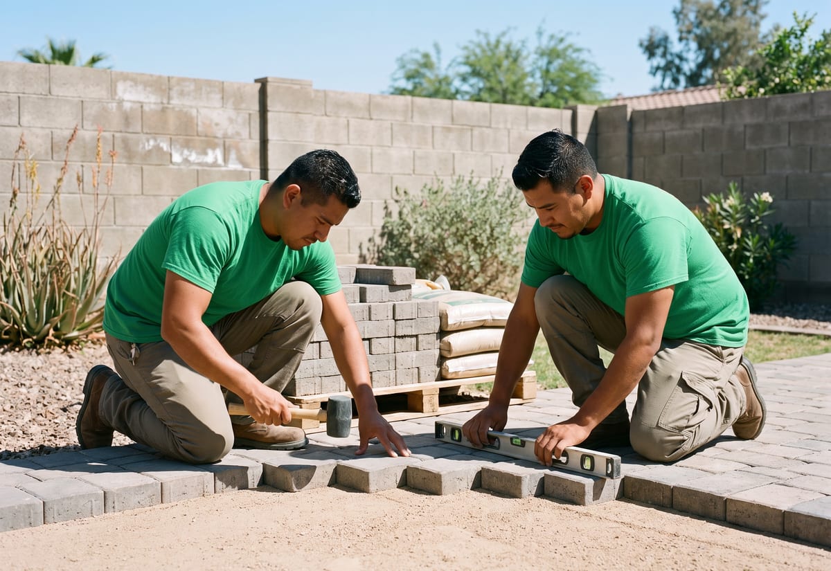 Two landscapers setting concrete pavers on a sand bed for a new patio