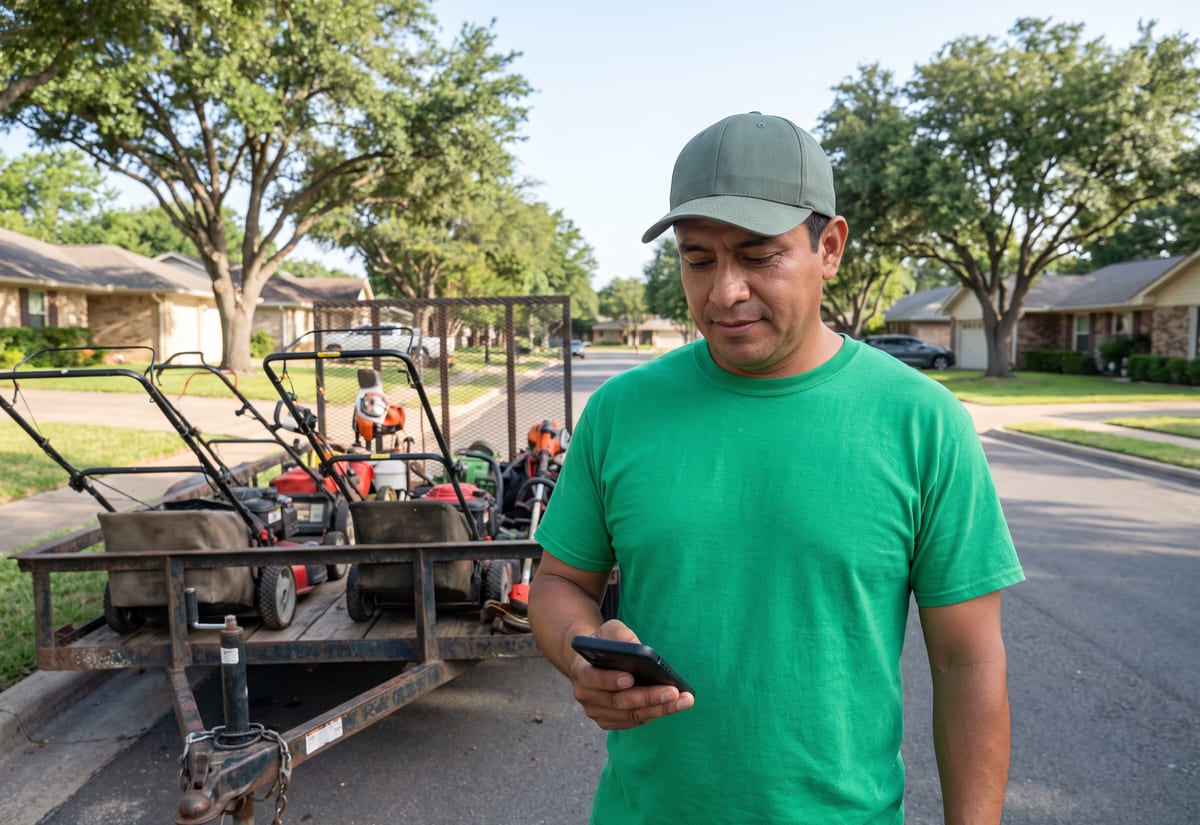 Landscape crew leader in a green t-shirt checking his phone beside a loaded landscape trailer in early morning light
