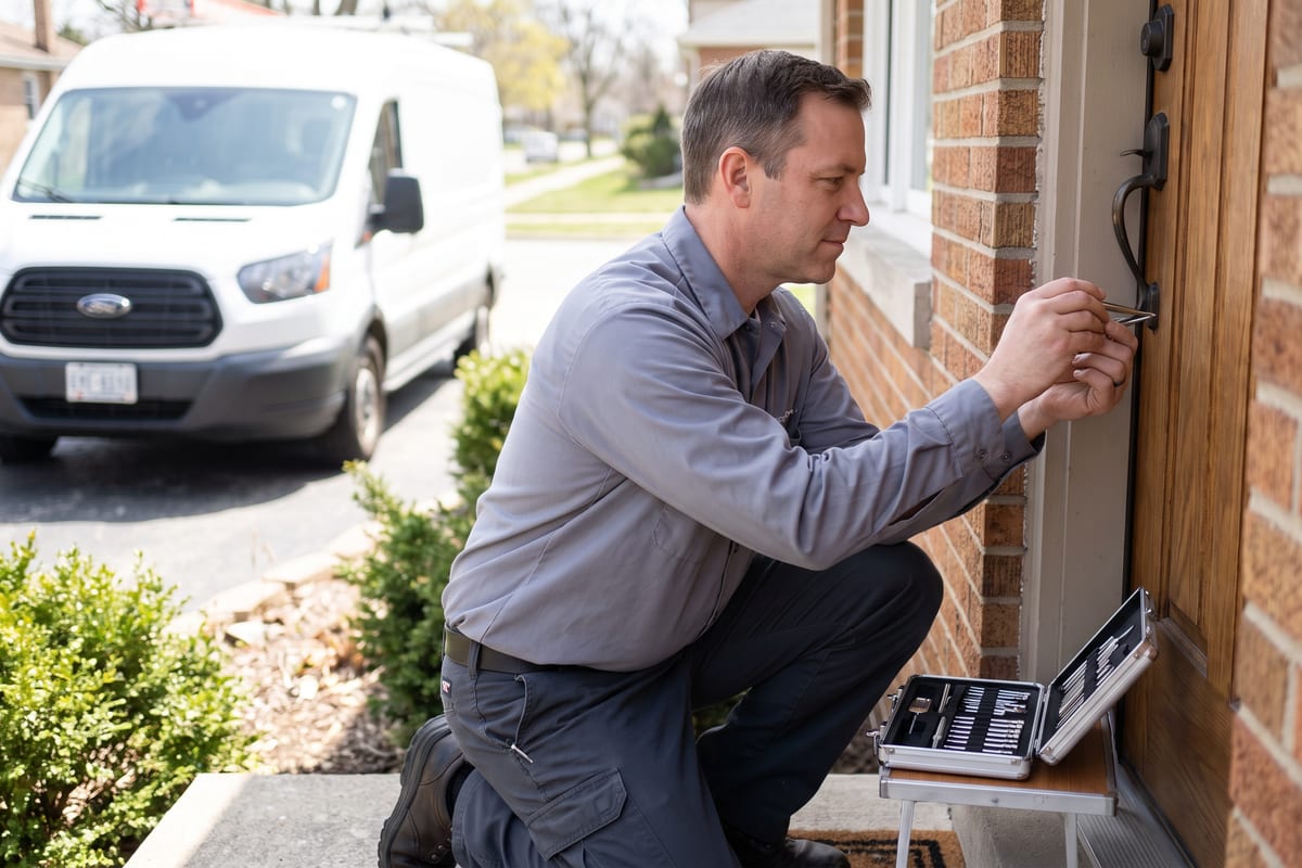 Locksmith rekeying a front-door deadbolt at a brick home with a pin kit on a tray and his van at the curb
