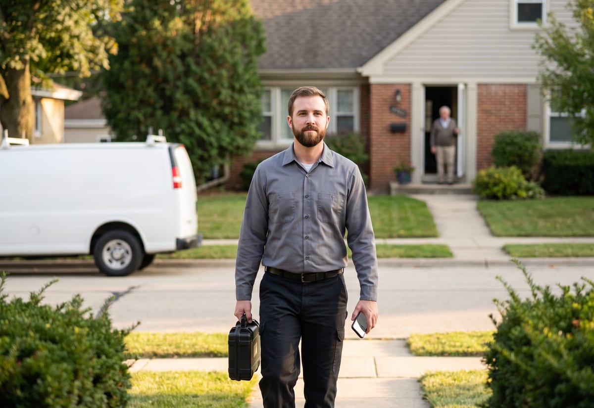 Locksmith walking up a front path from his van with a compact tool case while the homeowner waits at the door