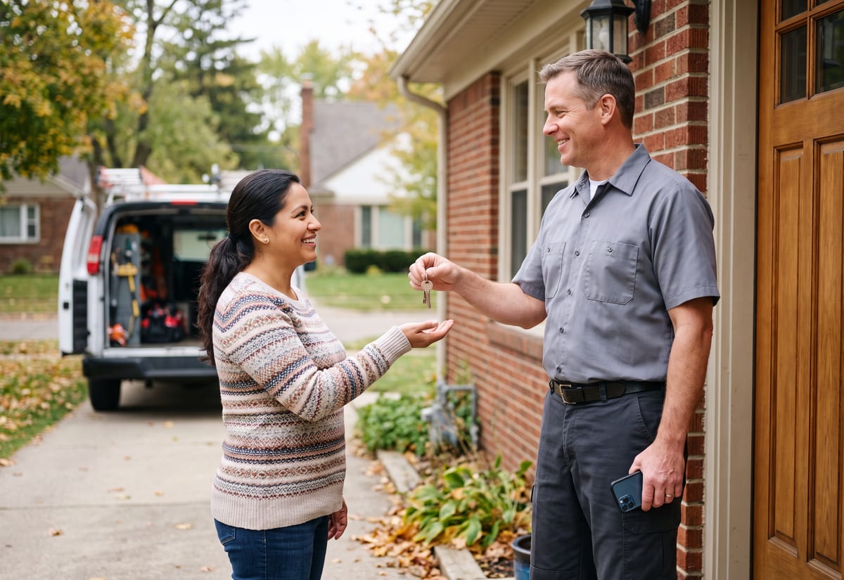Locksmith handing a set of new keys to a homeowner at her front door