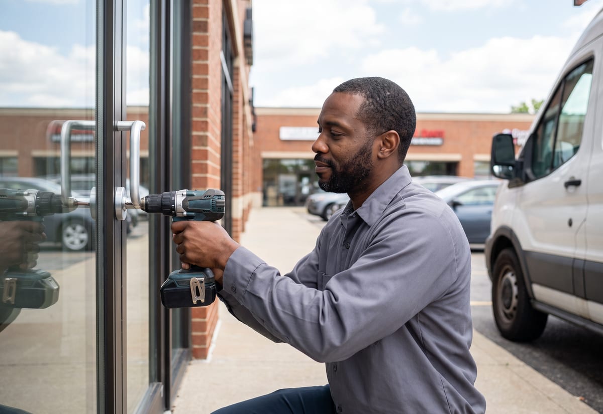 Locksmith installing a commercial lever lockset on a storefront glass door