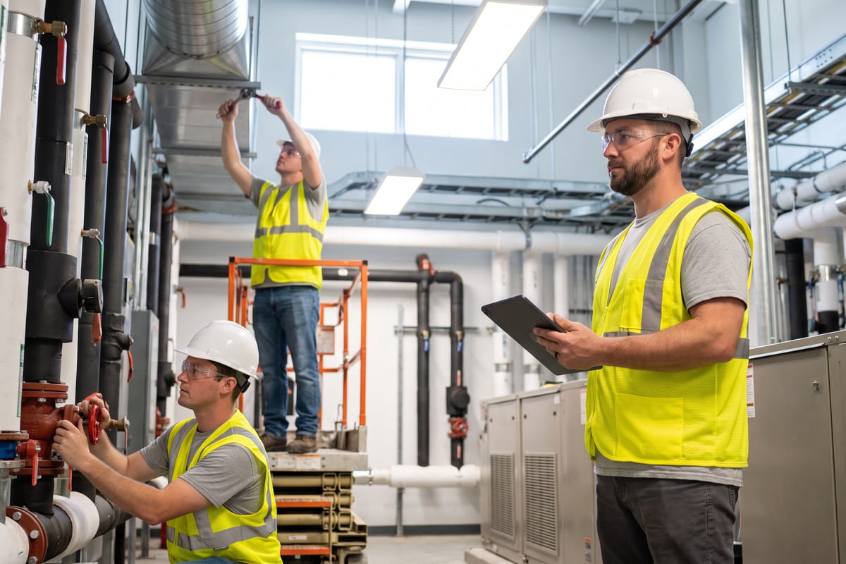 Three MEP technicians in hi-vis vests and hard hats in a commercial mechanical room, one on a lift at ductwork, one at a valve, and a foreman holding a tablet