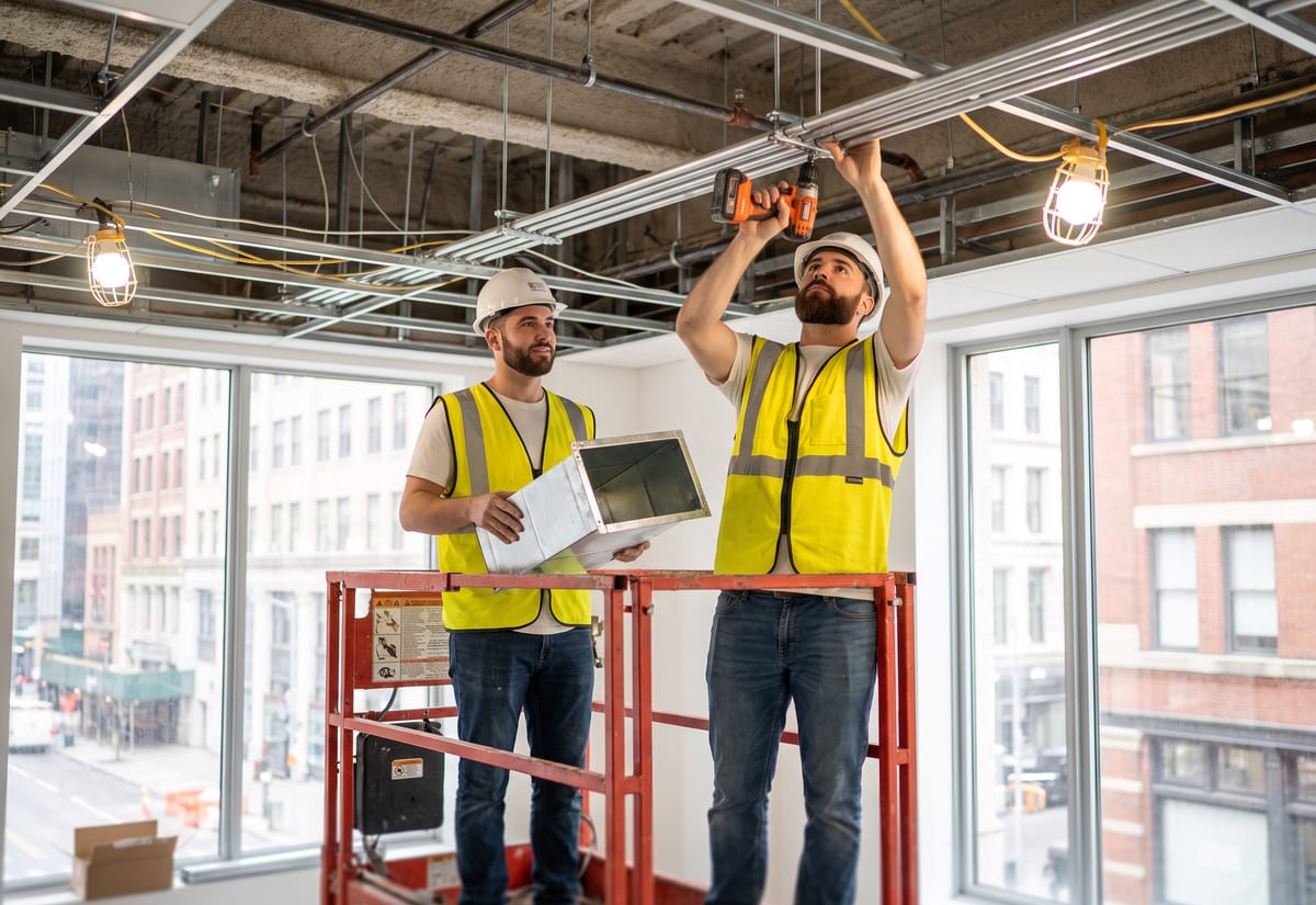 Two technicians in hi-vis vests on a scissor lift installing ductwork and conduit in an open commercial ceiling