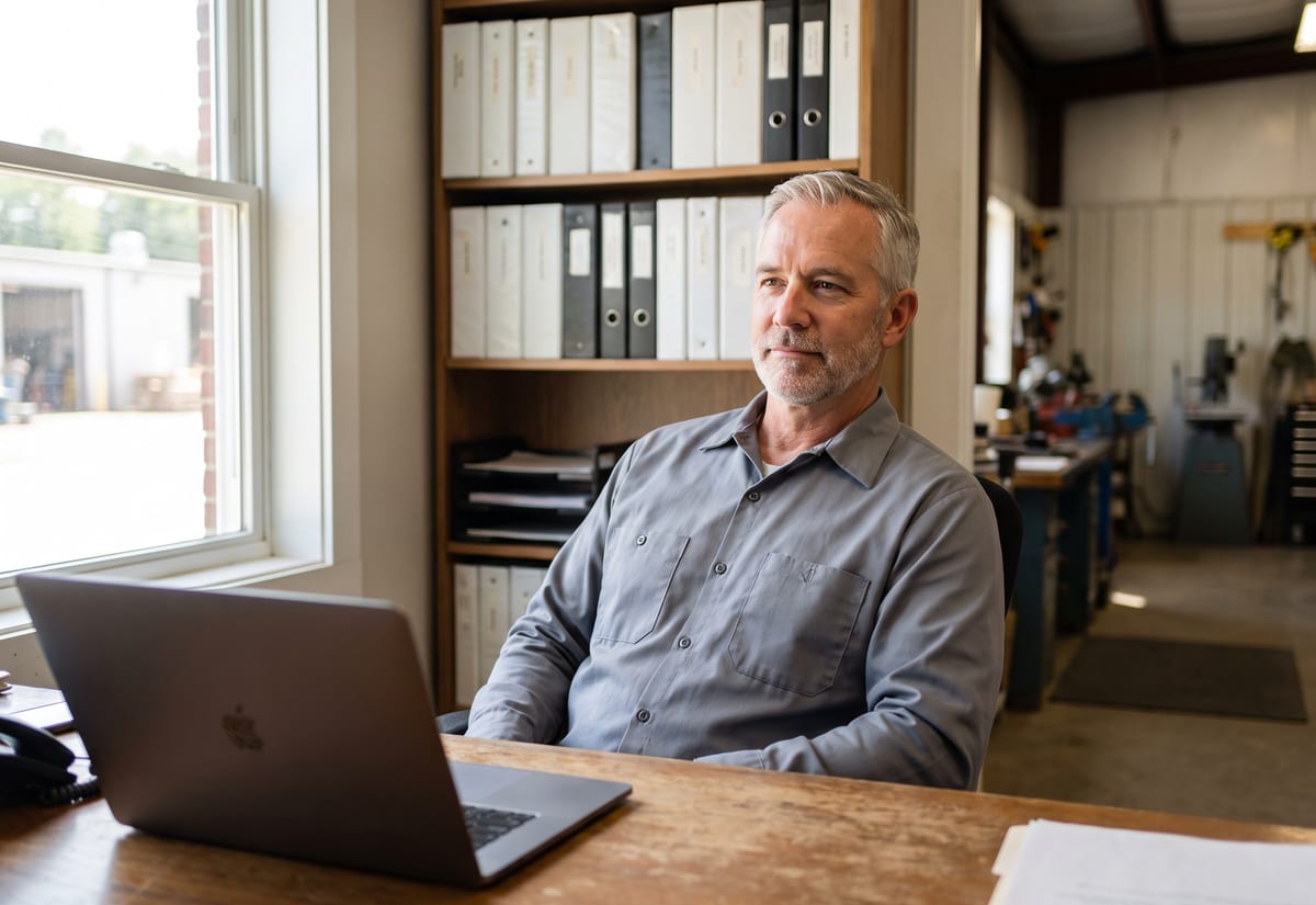 Business owner working at a desk with a laptop in a small contractor office
