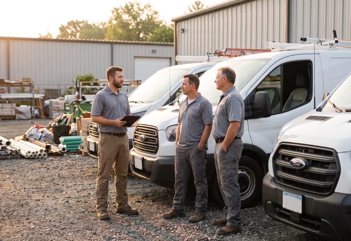Three MEP technicians standing beside a row of white service vans in a contractor yard at sunrise