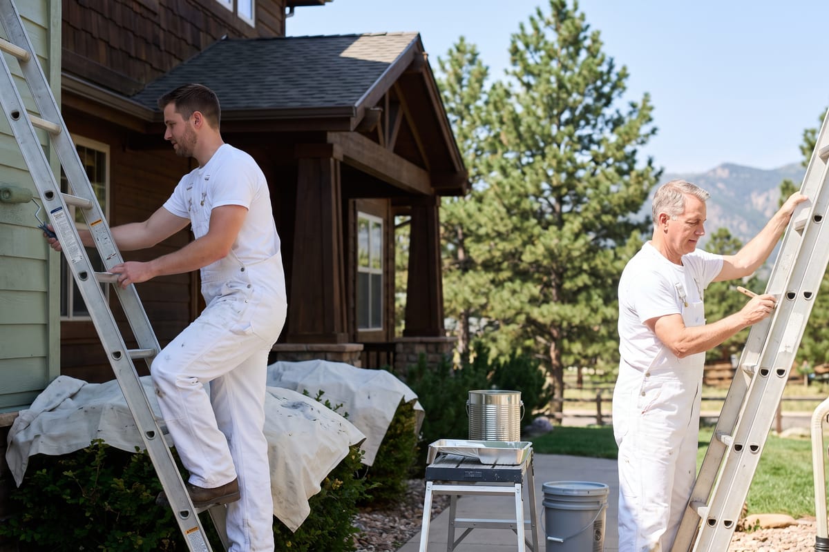 Two painters on ladders rolling sage green paint onto exterior siding, drop cloths over the shrubs below