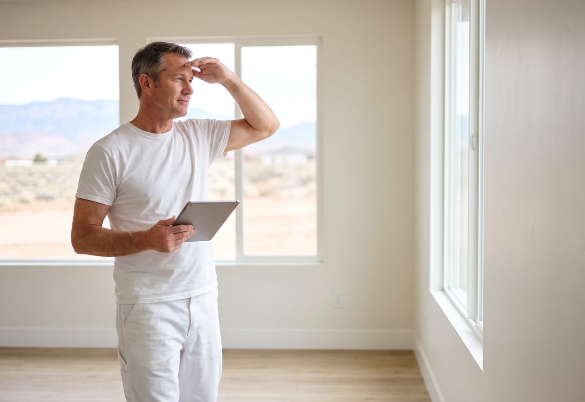 Painting contractor in white painter’s pants walking an empty living room with a tablet