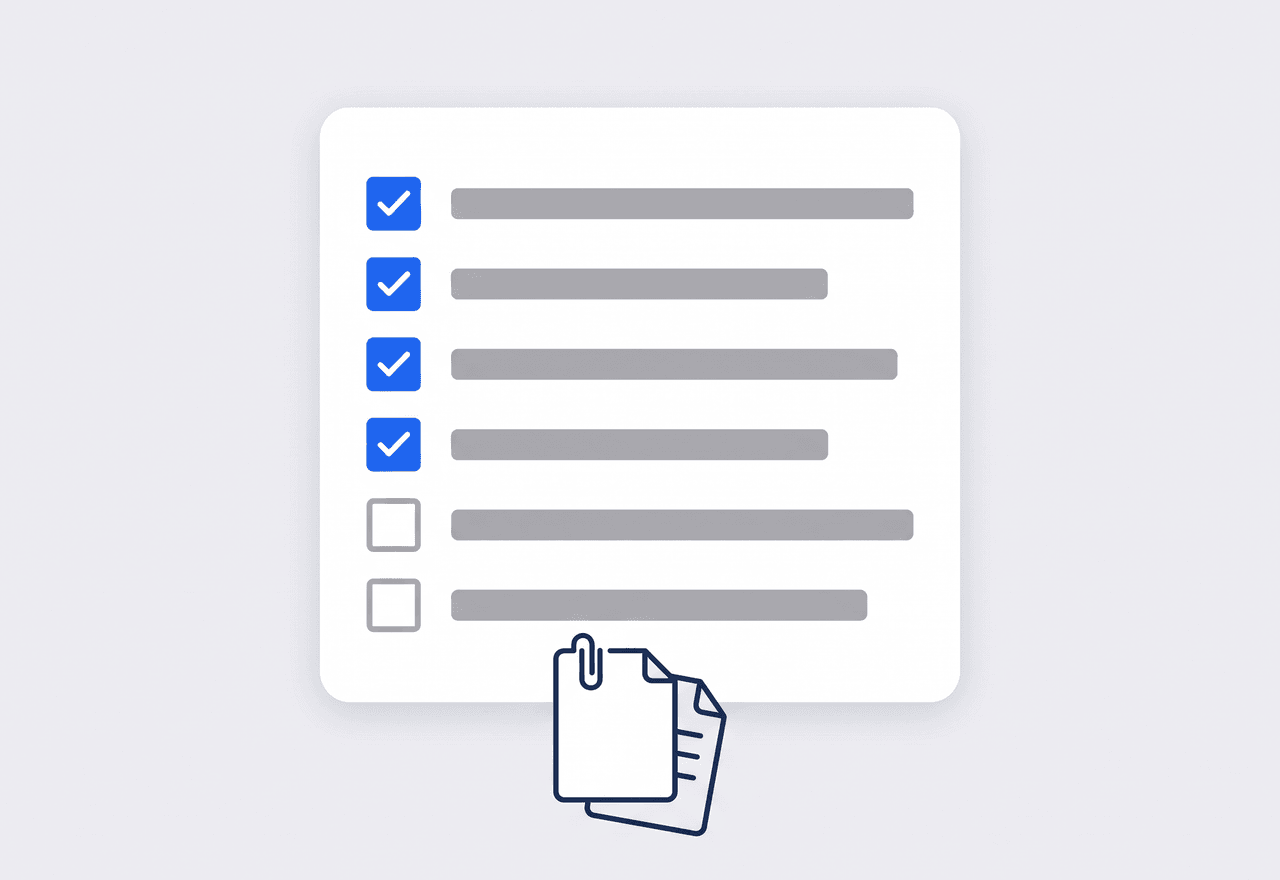 Illustrated required-documents checklist with four items ticked, two unticked, and a paper-clipped file below
