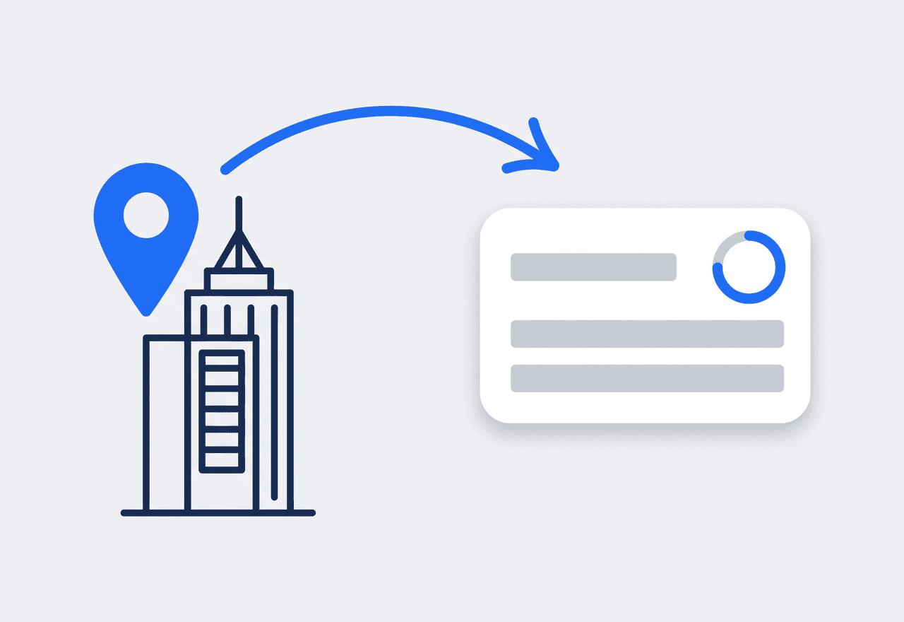 Illustrated map pin over a building with an arrow to a permit card carrying a match-score ring