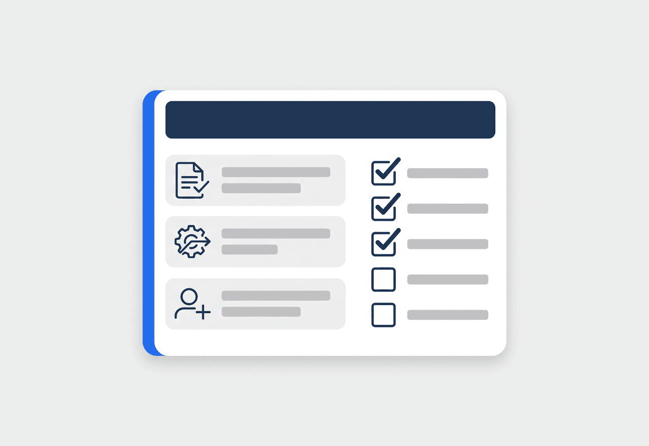Illustrated work permit process card with three setup rows beside a required-documents checklist, three items ticked