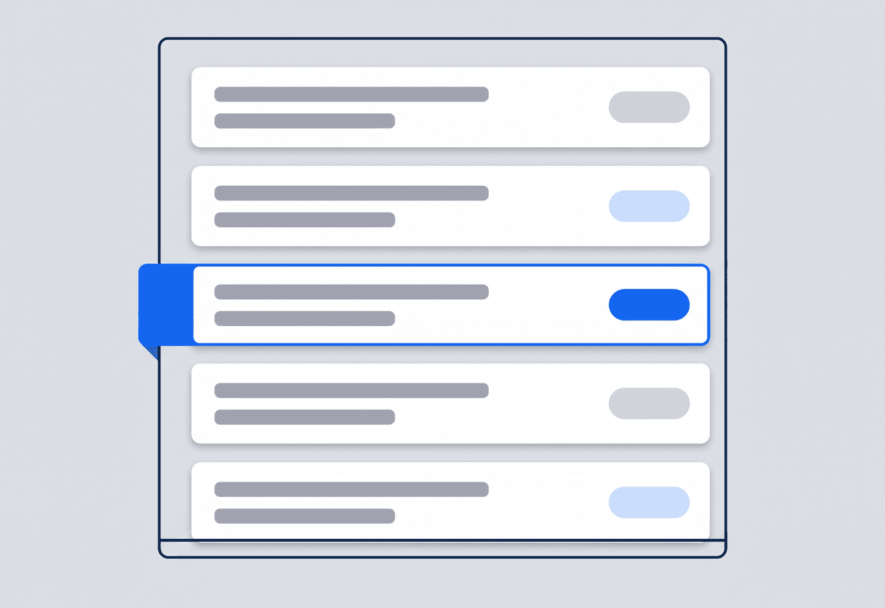 Illustrated list of permit rows with status pills, one row highlighted with a blue tab