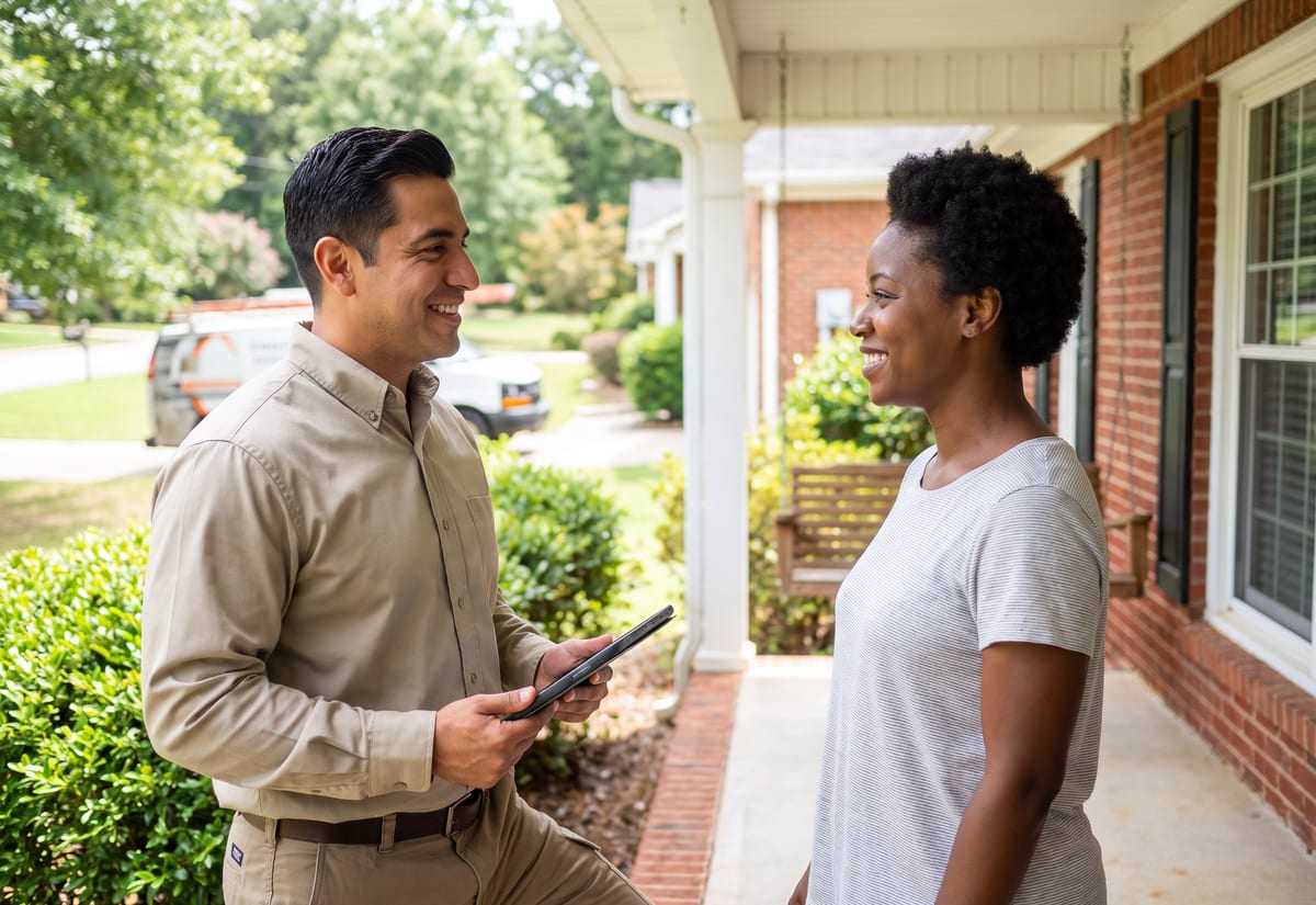 Pest control technician talking with a homeowner on her front porch, tablet at his side