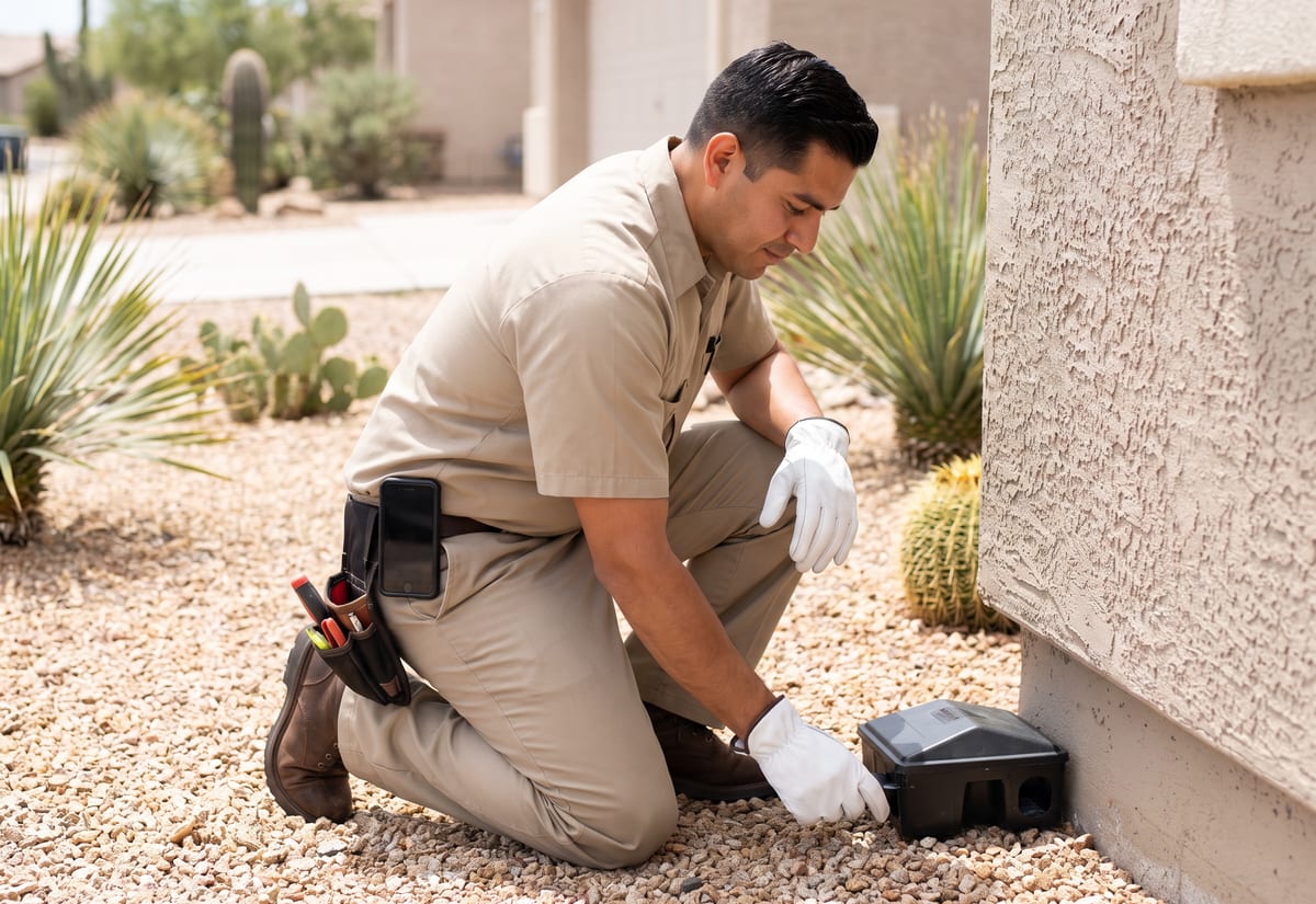 Pest control technician in a khaki uniform kneeling to check a bait station at the corner of a home