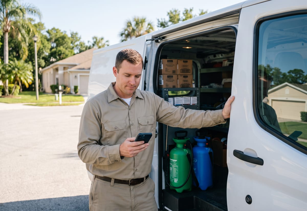 Pest control technician at the open side door of a white van looking down at his phone