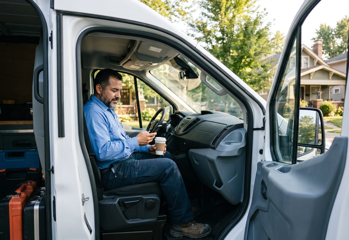 Plumber in the driver seat of a white van on a suburban street looking down at his phone in morning light