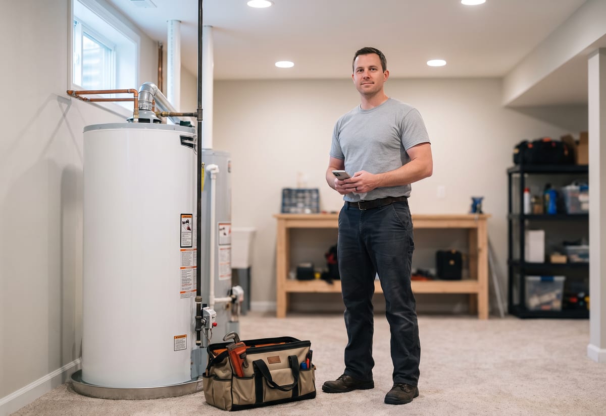 Plumber standing beside a residential water heater in a bright basement, phone at his waist