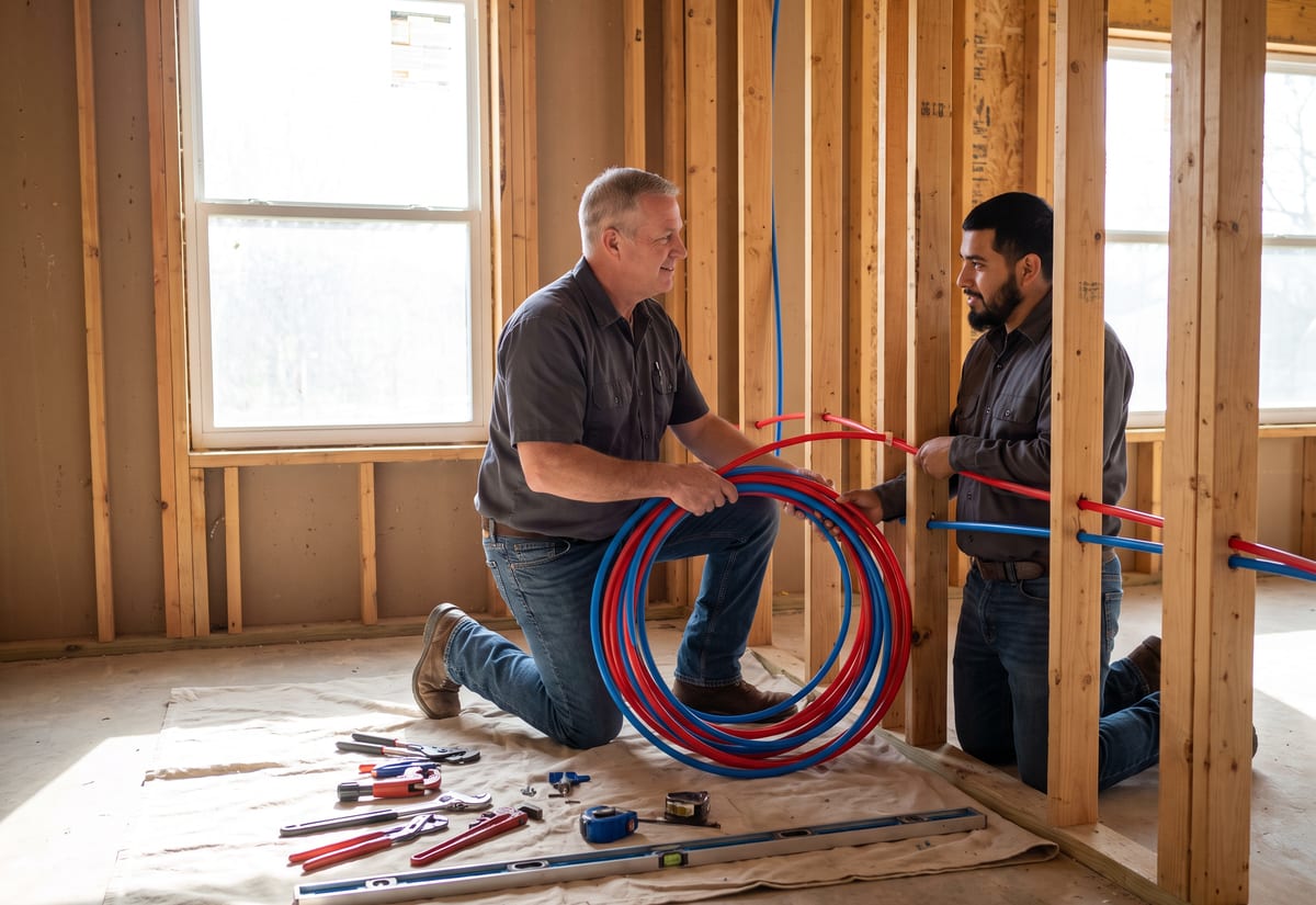 Two plumbers fitting red and blue PEX lines through open wall studs during a whole-house repipe