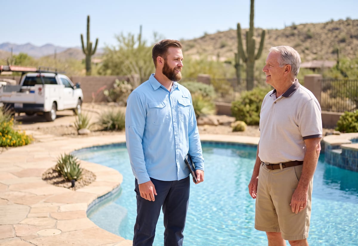 Pool technician chatting poolside with a homeowner, a tablet at his side