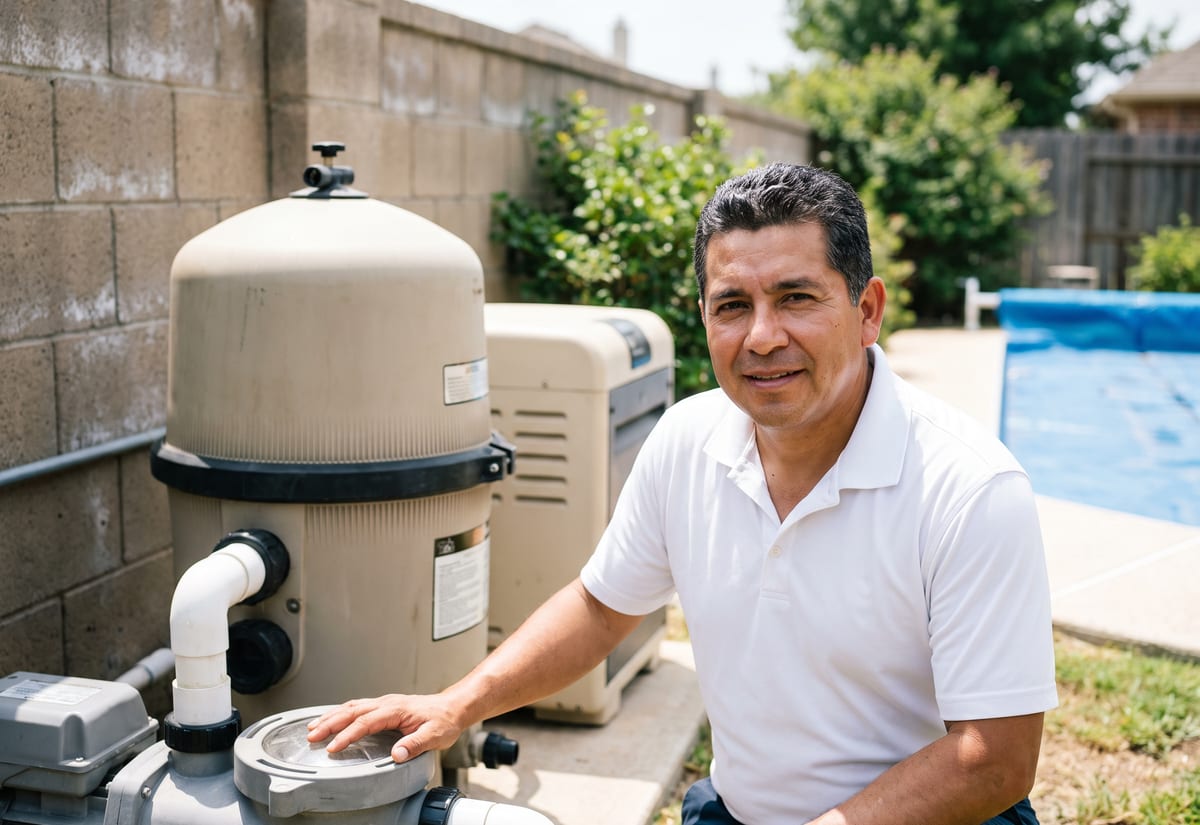Pool technician kneeling at a residential equipment pad beside a cartridge filter and heater