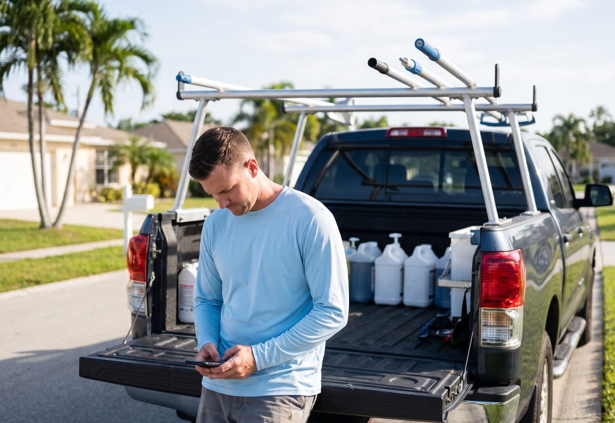 Pool technician at a pickup tailgate with chemical containers and a pole rack, checking his phone