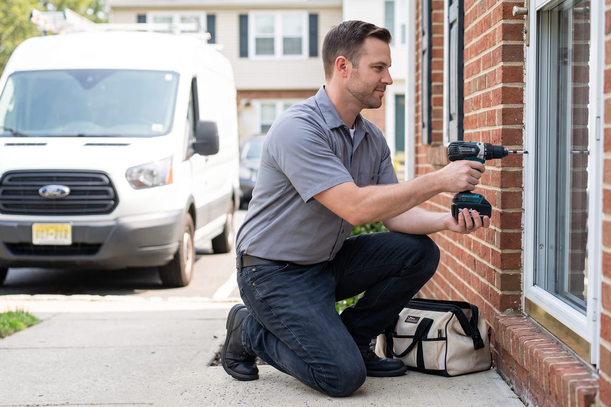 Property maintenance technician replacing a storm door closer at a townhome entrance with a drill, service van parked at the curb