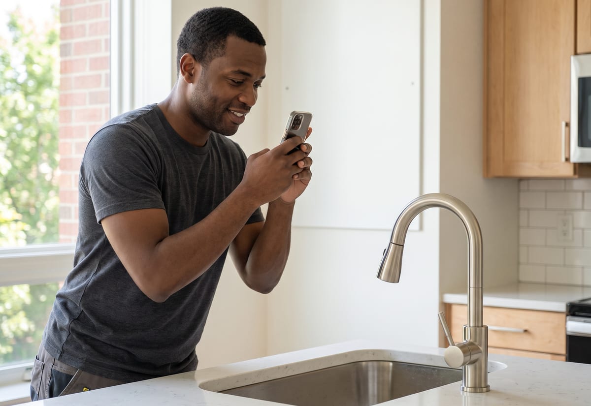 Maintenance technician photographing a newly installed kitchen faucet with his phone
