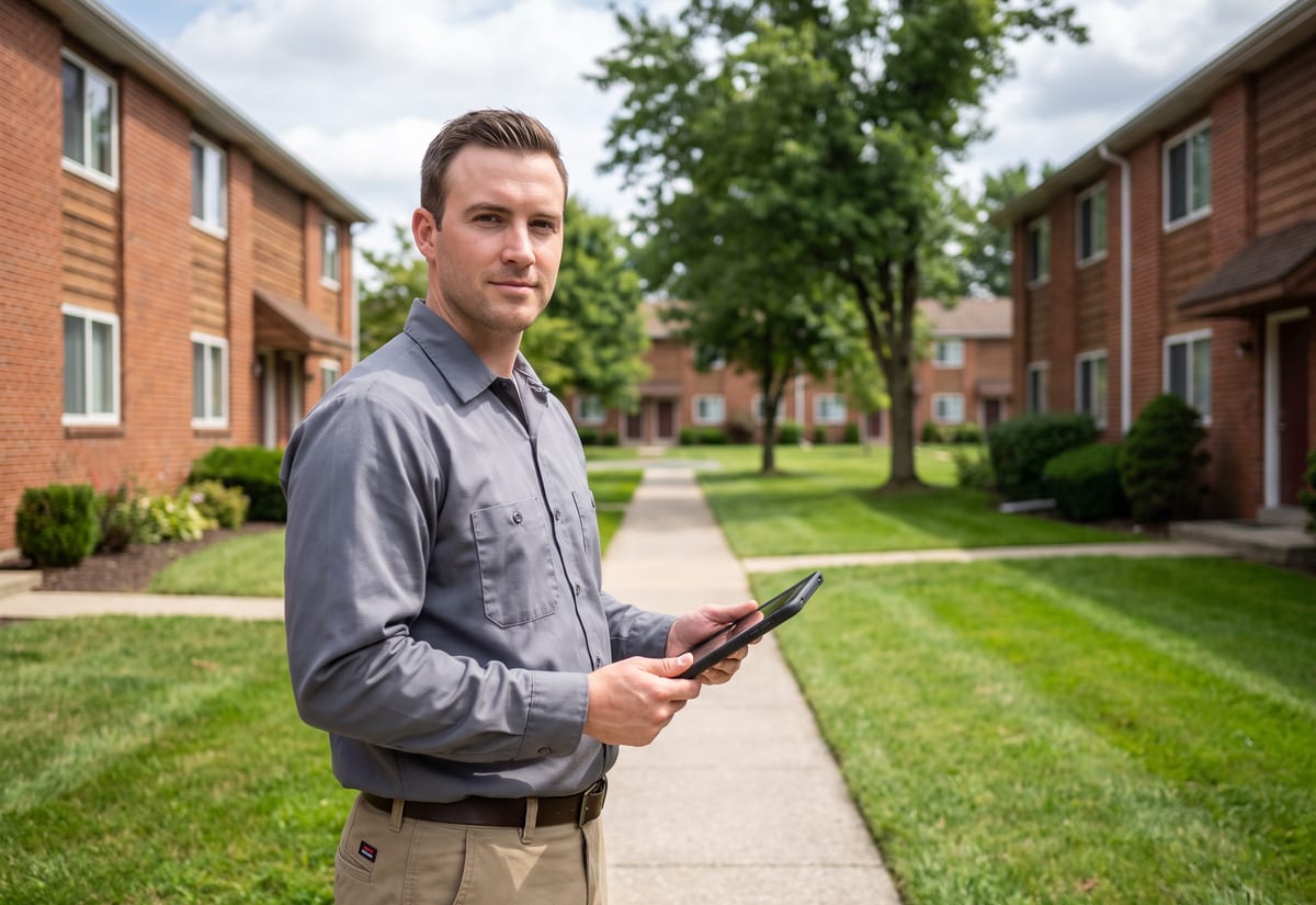 Property maintenance technician with a tablet on the walkway of a garden-style apartment complex