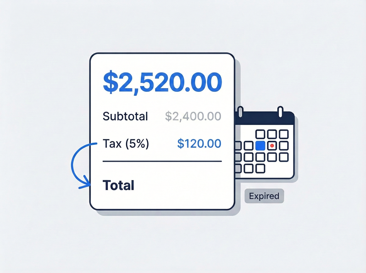 Illustrated tax calculation and expiry date tracking on an estimate card