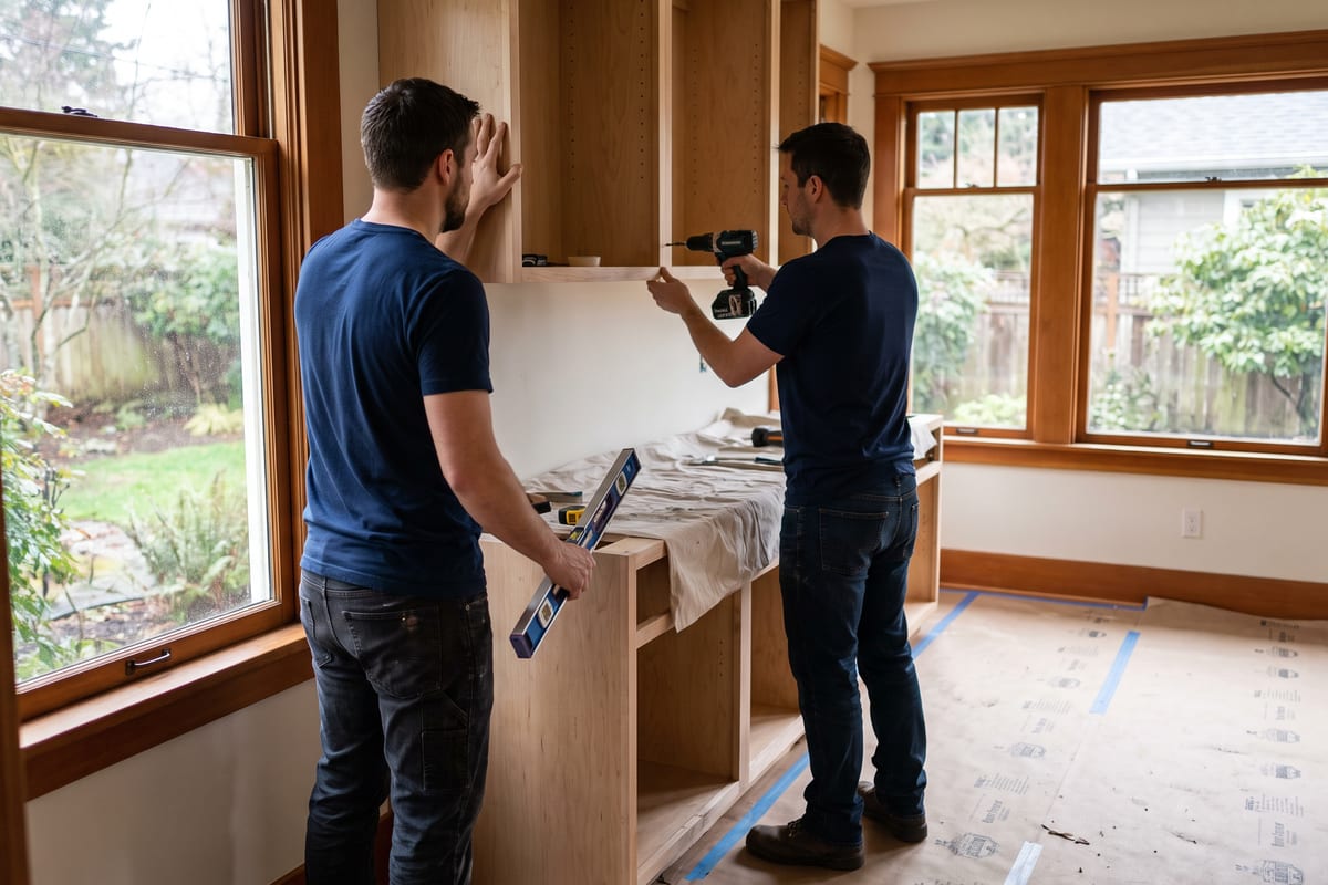 Two remodelers installing upper kitchen cabinets, one holding the cabinet level while the other drives screws with a drill