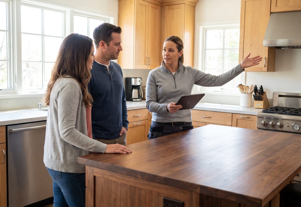 Remodeling business owner reviewing an estimate on a tablet with a homeowner couple at a kitchen island