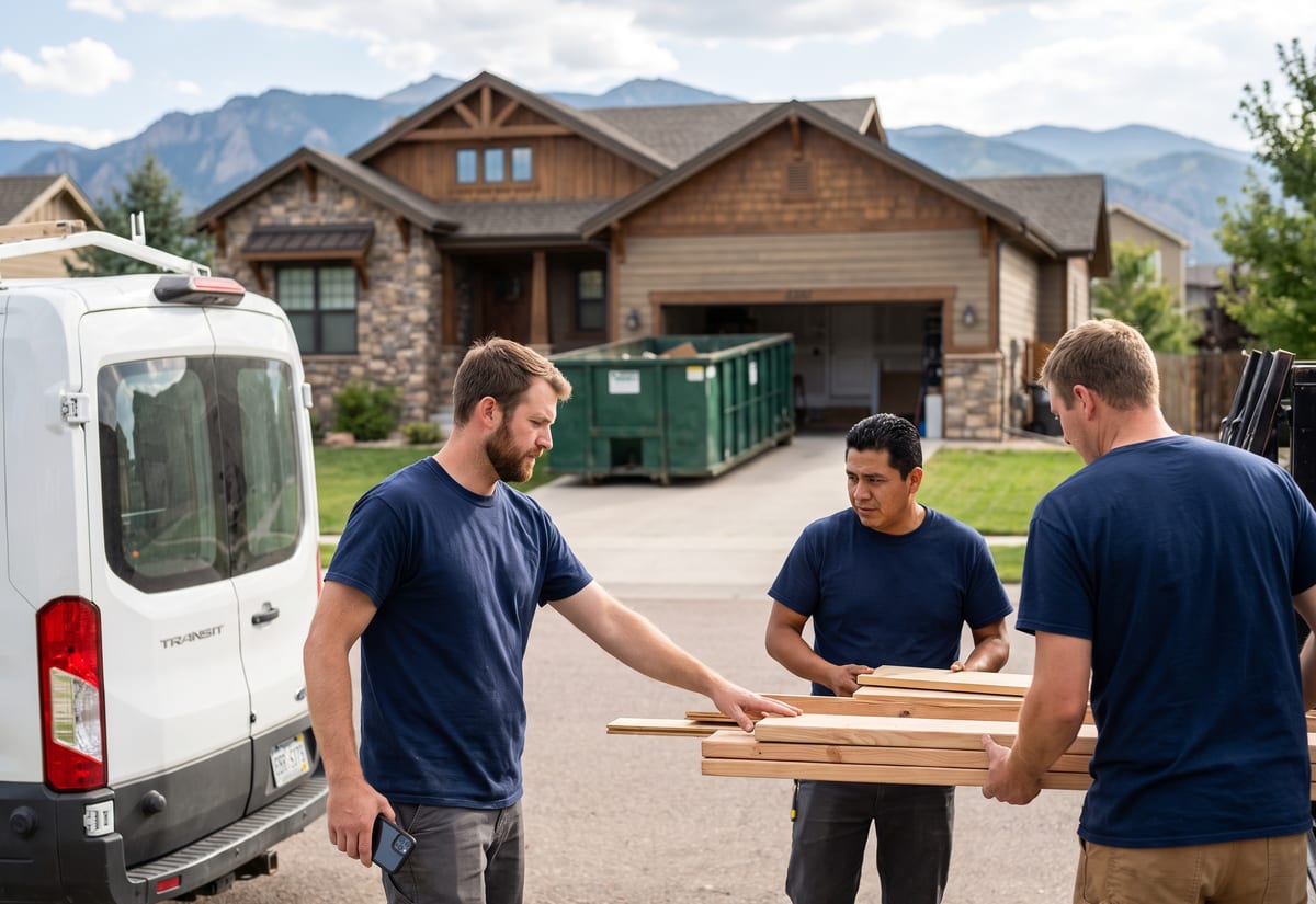 Small remodeling crew unloading a van at the curb of a house with a dumpster in the driveway