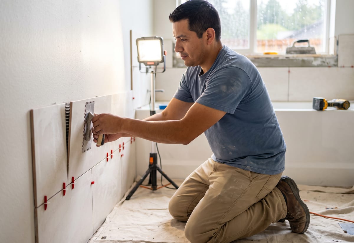 Tiler setting large-format porcelain tile on a bathroom wall mid-remodel