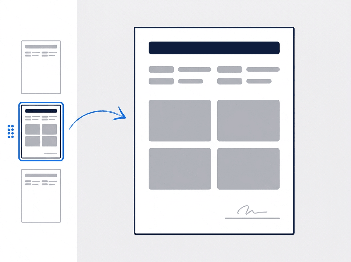 Illustrated report page editor with a page thumbnail strip and a full page laid out beside it