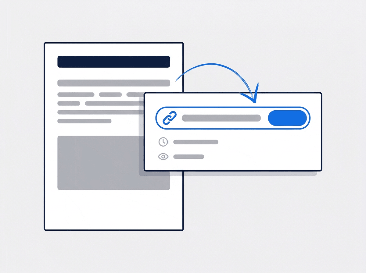 Illustrated report document beside a share dialog with a link field, an expiry row, and a view-count row