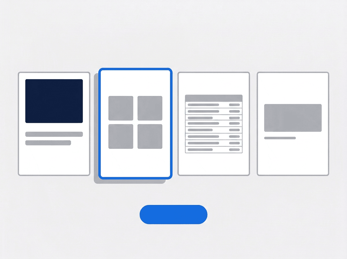Illustrated template gallery with four different page layouts and one selected