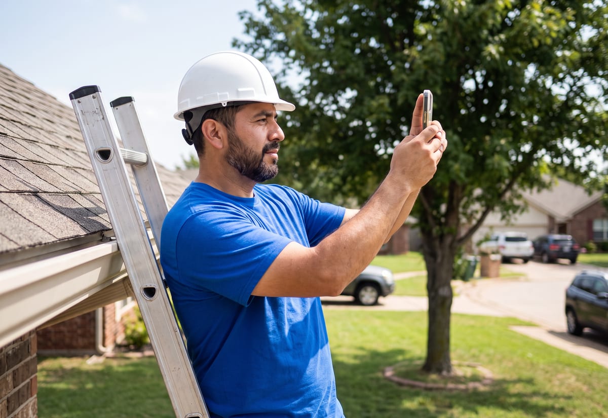 Roofer in a hard hat on an extension ladder at the eave photographing shingles with his phone