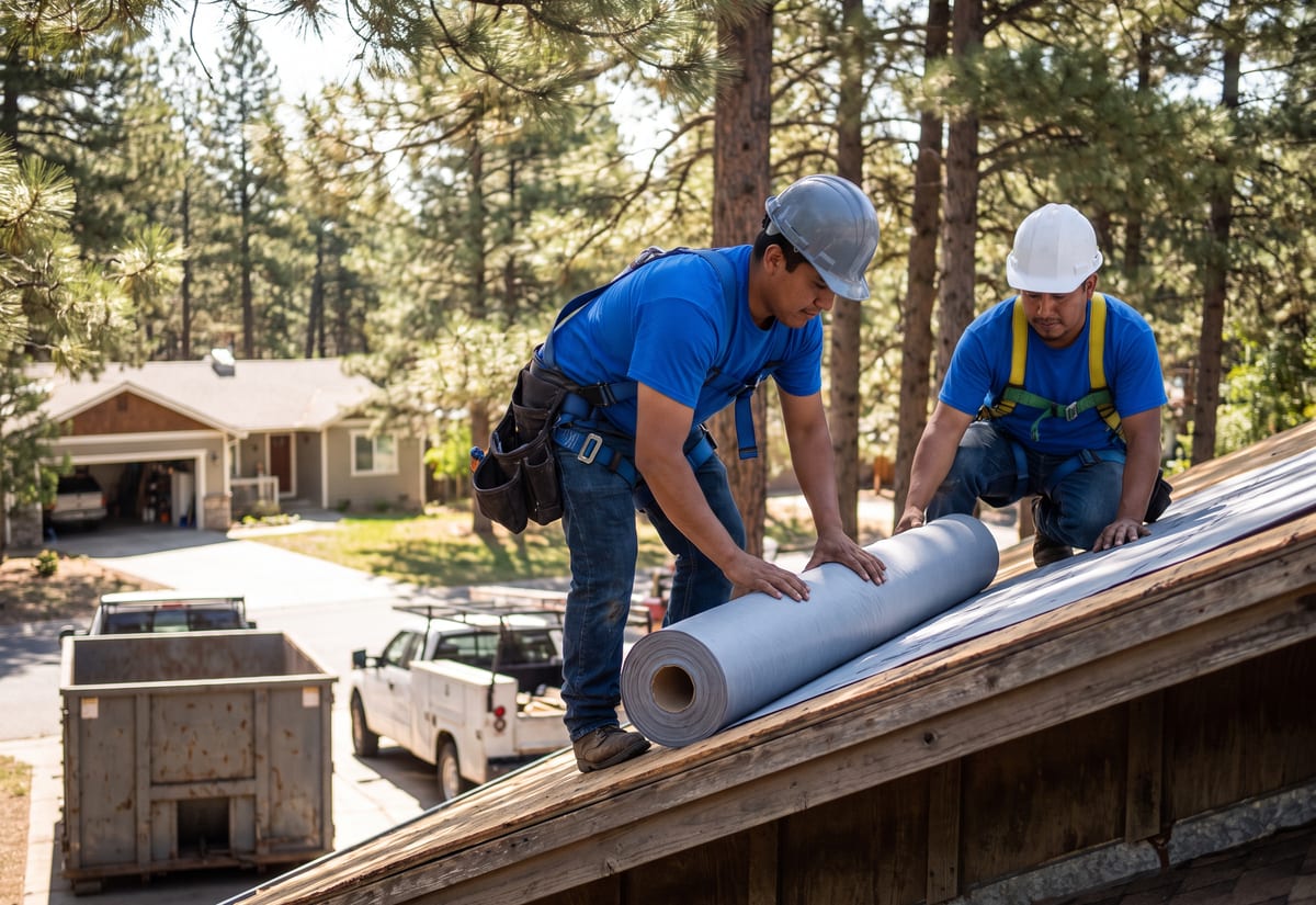 Two roofers in harnesses rolling out underlayment on a bare roof deck, with a dumpster in the driveway