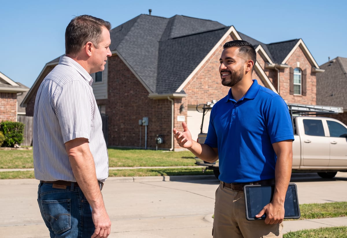 Roofing business owner talking with a homeowner in a driveway, tablet at his side, newly shingled roof behind them