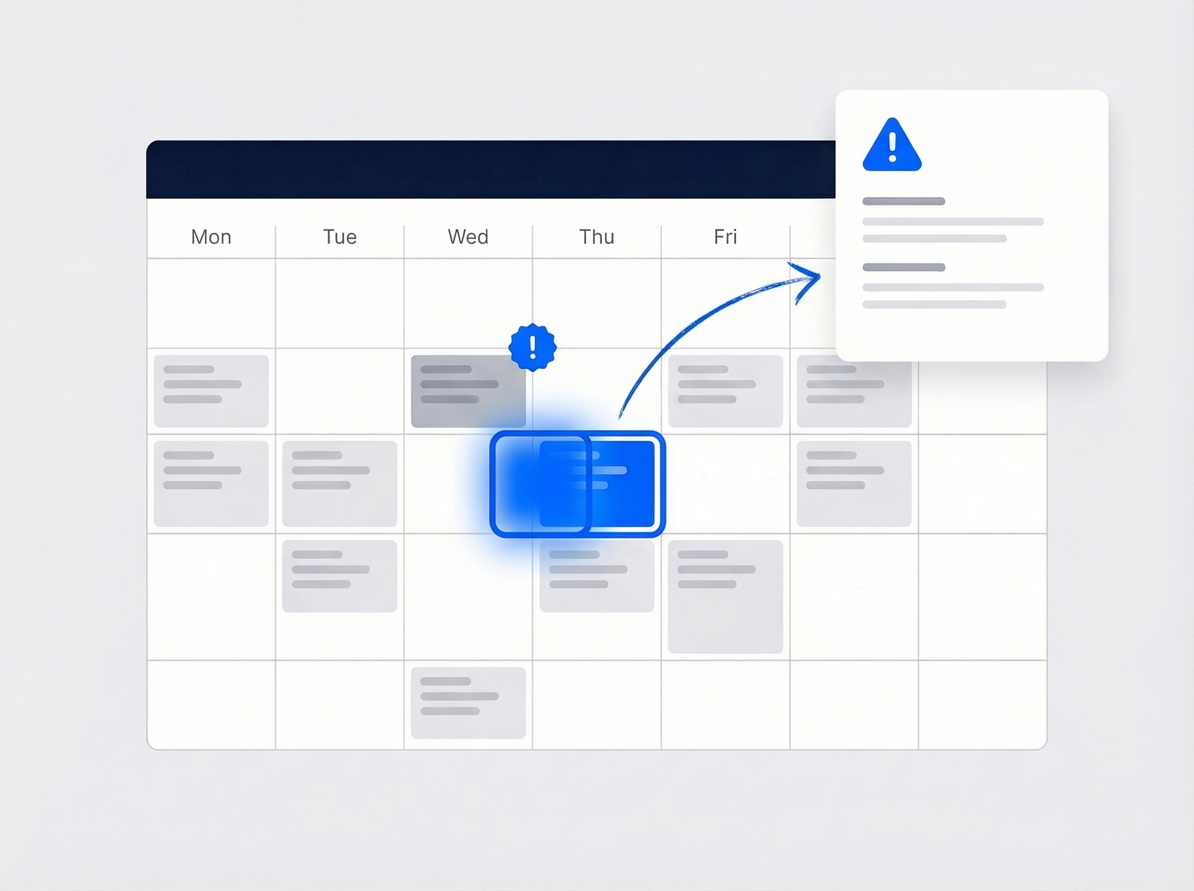 Illustrated week calendar with two overlapping job blocks highlighted and a warning callout