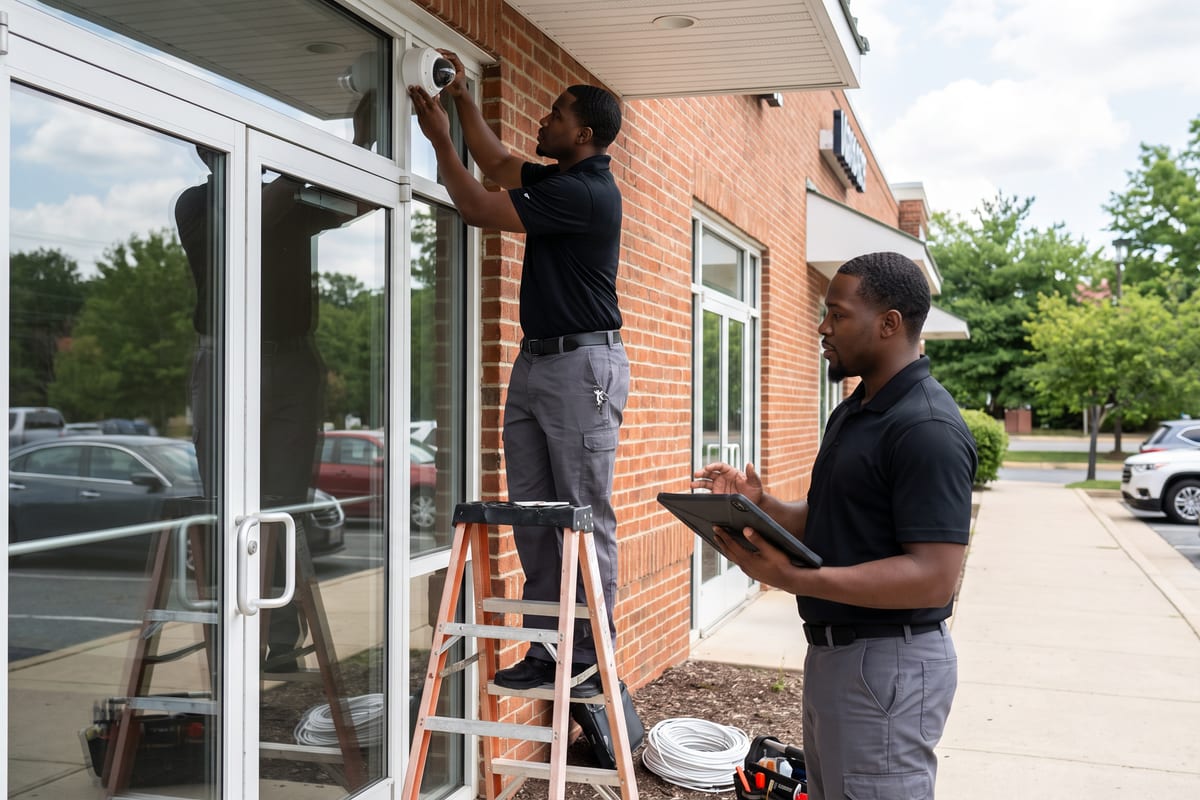 Two security technicians in black polos, one on a stepladder mounting a dome camera above a glass entrance, one below holding a tablet
