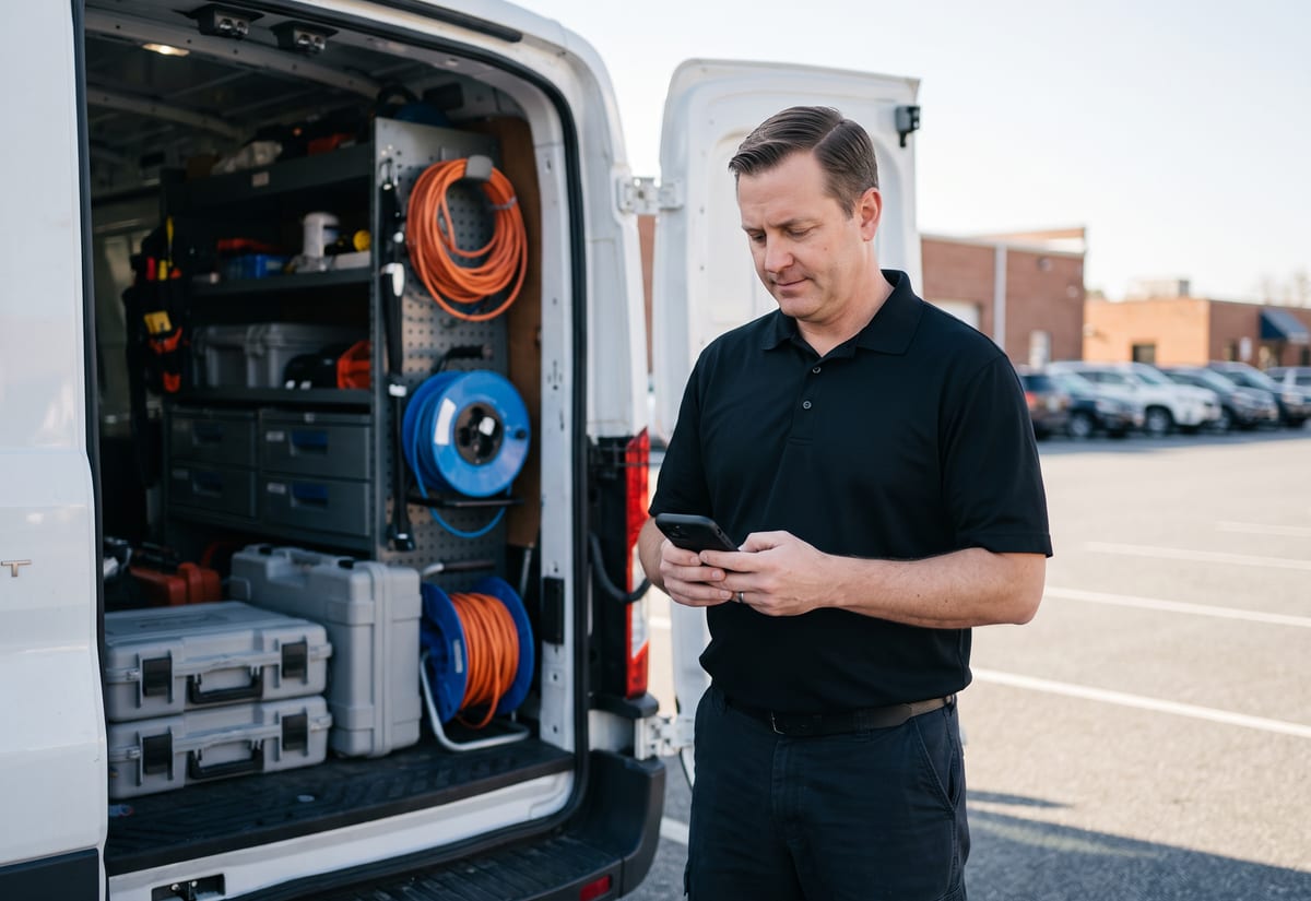 Security technician at the open rear doors of a service van looking down at his phone