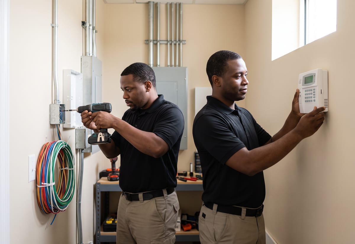 Two security technicians mounting an alarm control panel inside a bright utility room