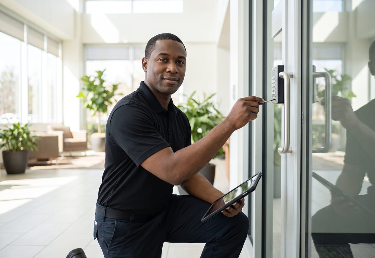 Security technician programming an access-control keypad beside a glass office door with a tablet at his side