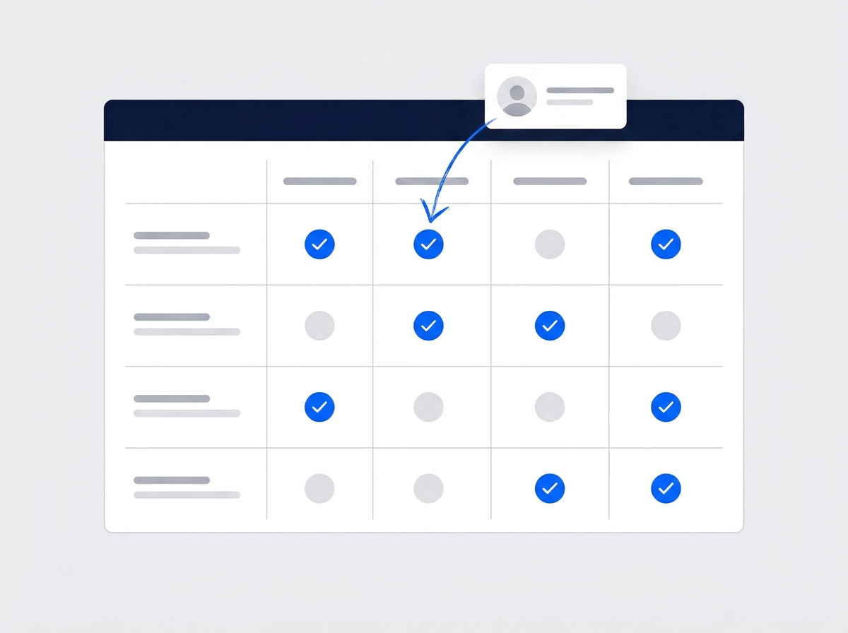 Illustrated role permission matrix with checkmarks in a grid and a user card pointing to one permission column