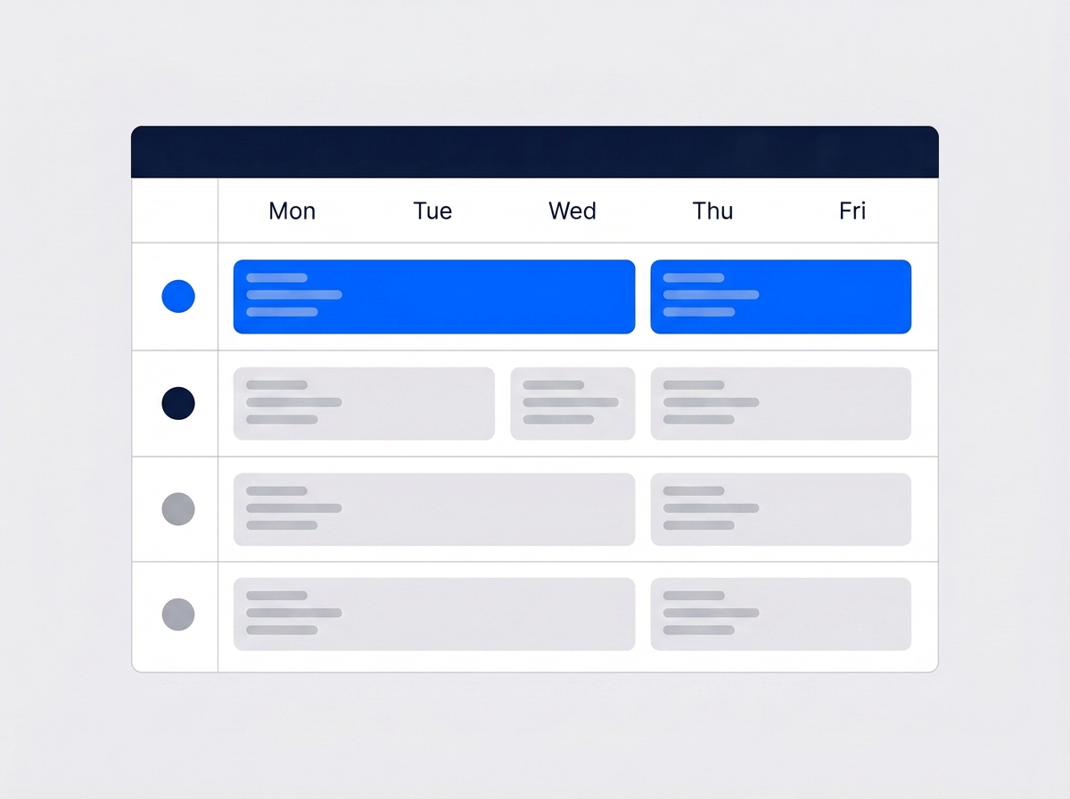 Illustrated week calendar with one row per color-coded team and job blocks spanning several days